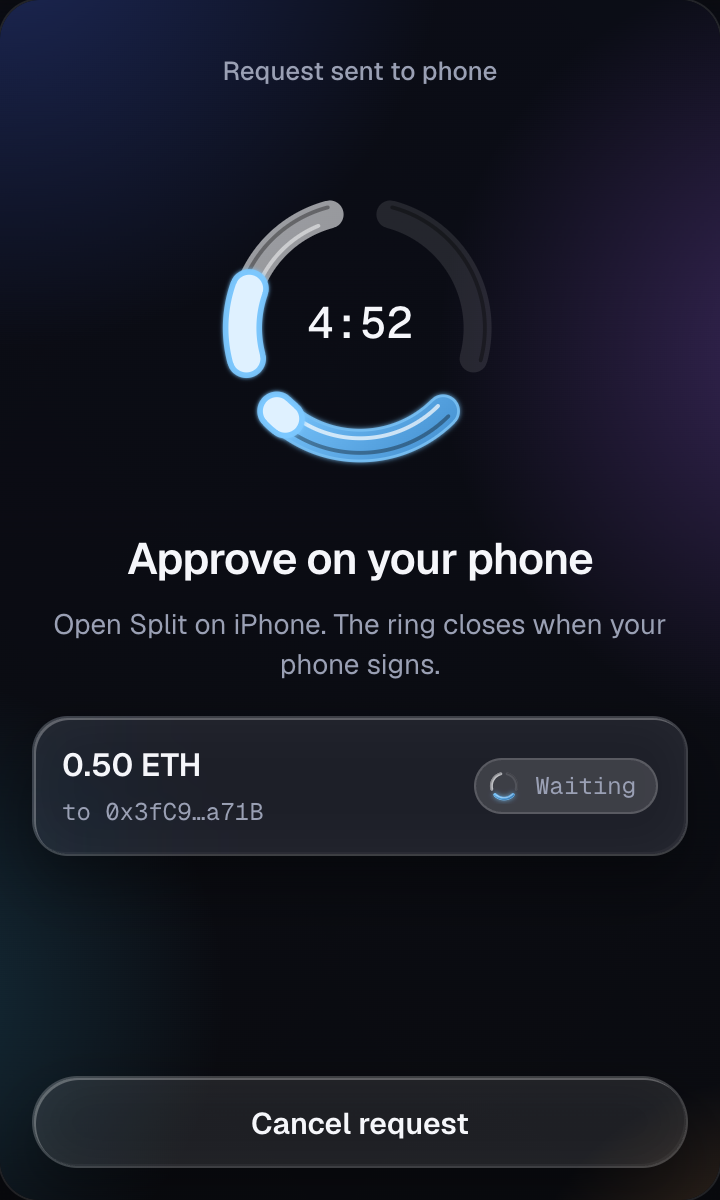 The extension waiting for the phone to sign a 0.50 ETH transfer