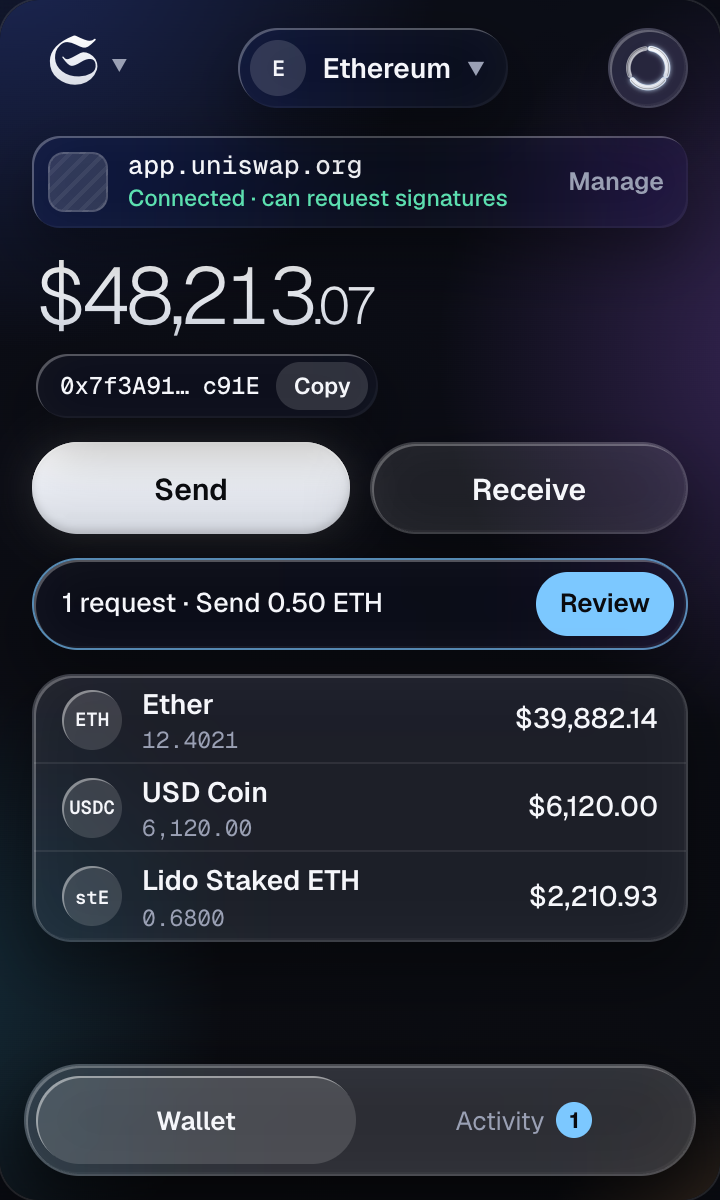 Split wallet screen with balance and assets